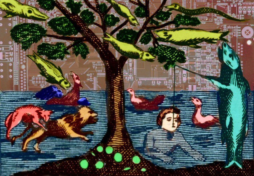 A 1790 illustration entitled 'The World Turned Upside-Down.' It features a topsy-turvy nature scene in which a giant fish stands on the bank, fishing for a human who is gasping in the water. The sky is filled with flying fishes and eels, the sea is filled with swimming birds. The image has been hand-tinted. The background has been replaced with a printed circuit board.