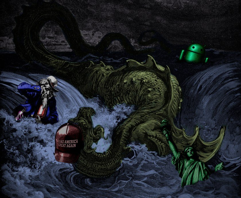 A detail from Dore's engraving depicting the drowning of the Leviathan - a great sea-serpent thrashing in a chaotic dark sea. The image has been altered: it has been hand-tinted. The sea serpent is wearing a MAGA hat. Drowning nearby are a beleagured Uncle Sam, an Android robot, and the Statue of Liberty.