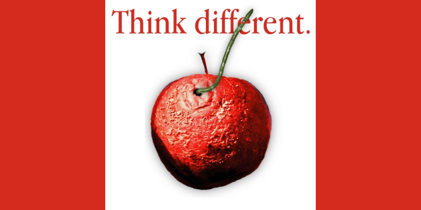 A Canadian flag. The Maple Leaf has been replaced with a rotten apple. Crawling out of the apple is a woim. Over the apple is Apple's 'Think Different' wordmark. The woim is crawling through one of the 'e's.