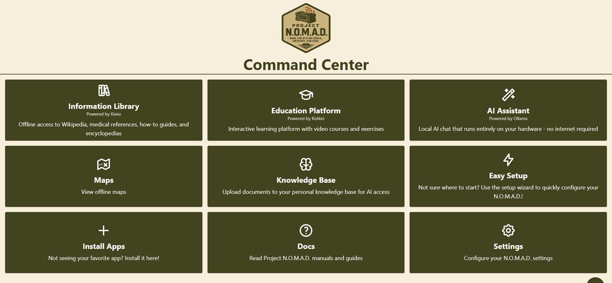 NOMAD Command Center Dashboard — your central hub for offline knowledge, AI, maps, and education