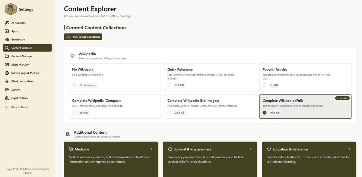 Content Explorer — browse and download Wikipedia, medical references, survival guides, and curated content collections
