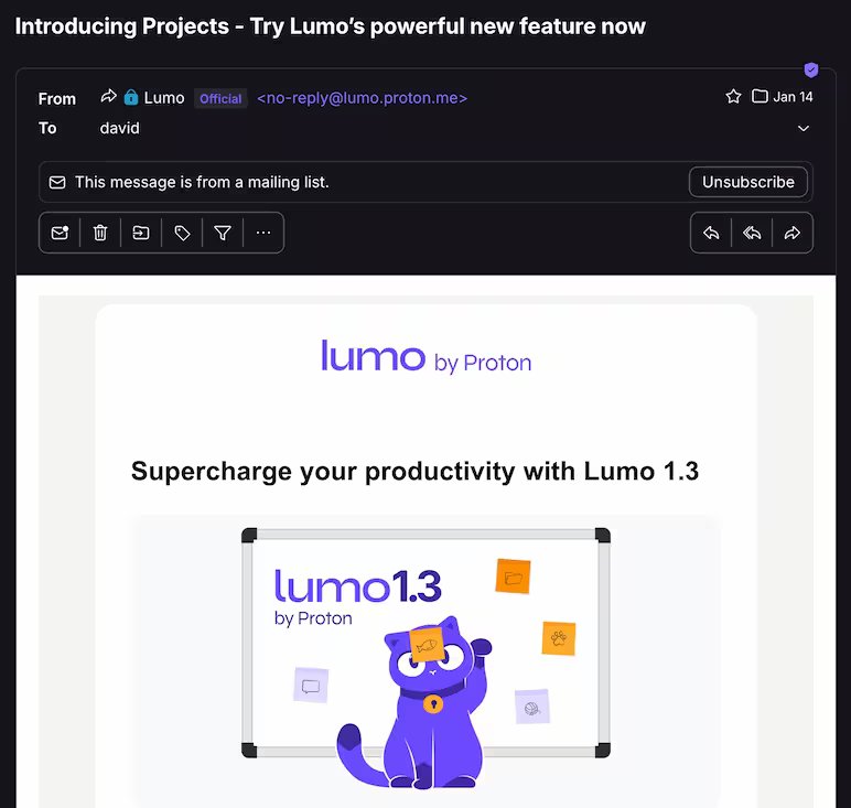 screenshot of the official email from @lumo.proton.me