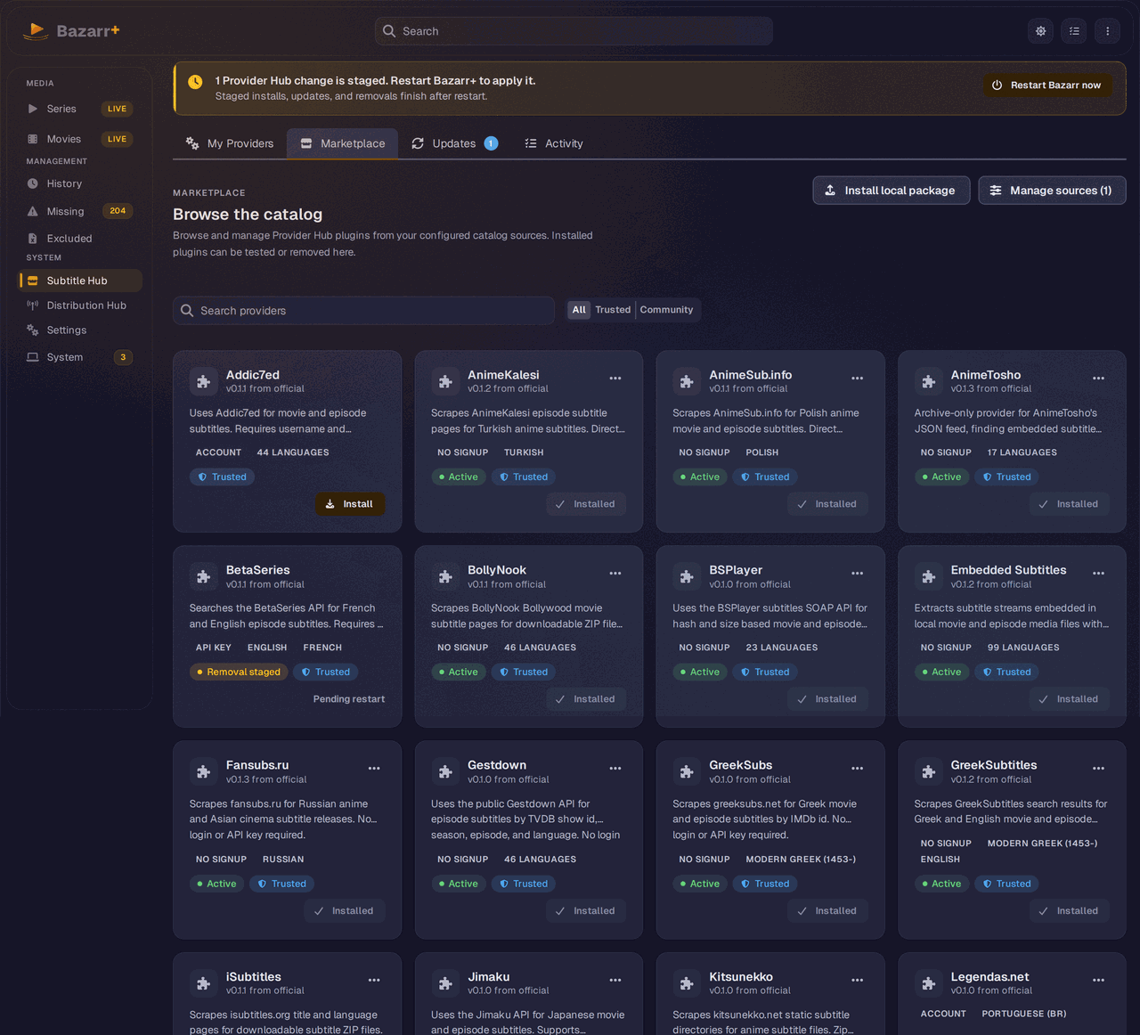 Bazarr+ Provider Hub Marketplace