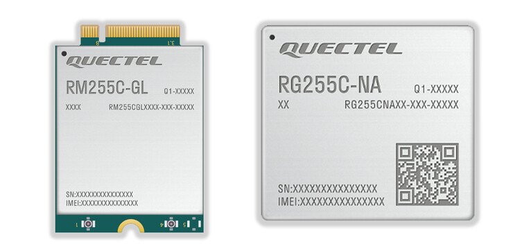 RM255C-GL (Global) 5G RedCap M.2 module on the Left; RG255C-NA (North American) 5G RedCap LGA module on the Right
