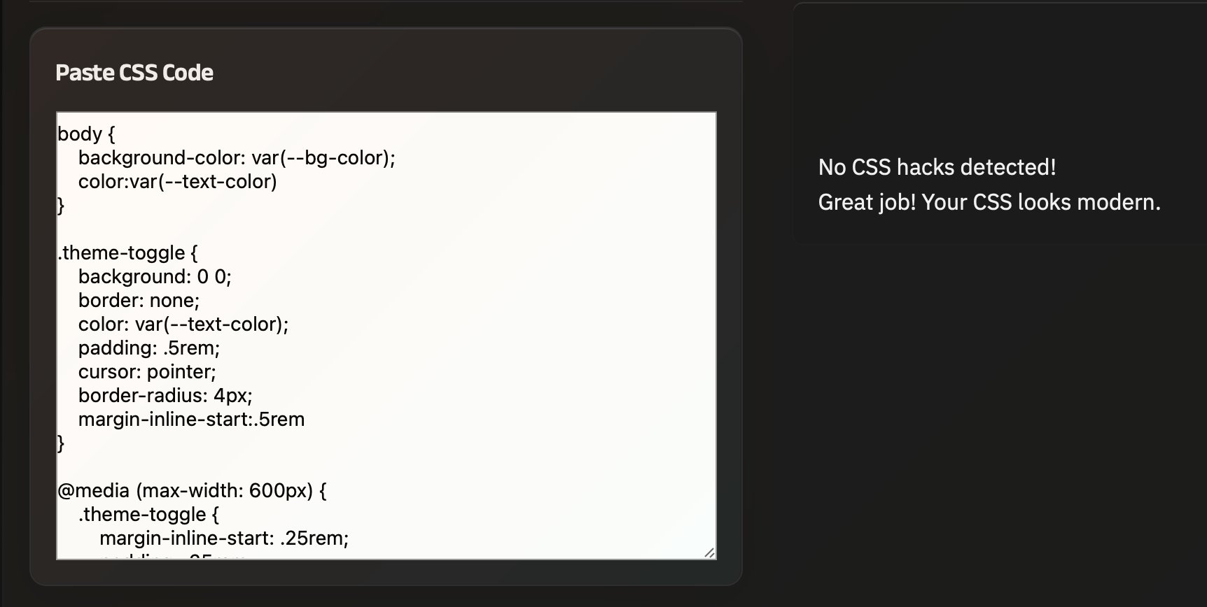 Screenshot of a CSS audit using Stu Robson's ReliCSS tool. No issues are found.