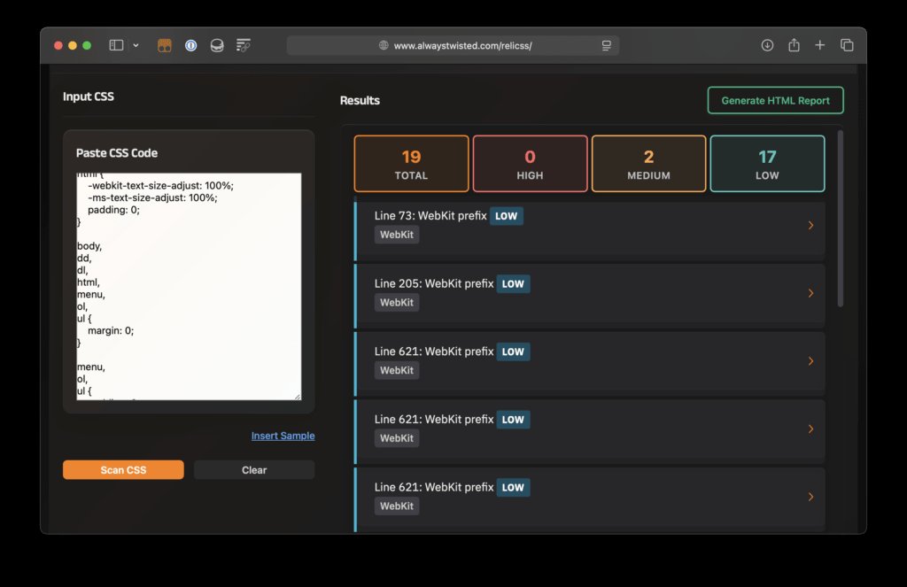 Screenshot auditing CSS-Tricks CSS stylesheet in Stu Robson's ReliCSS tool. Out shows 19 total relics.