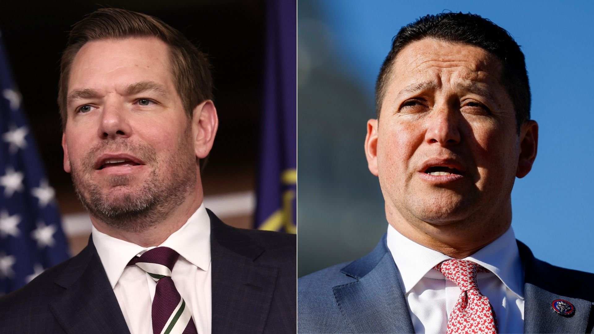 Split image of two men in suits: left with light stubble and maroon striped tie, flag behind; right with dark hair, blue suit and red tie, blue sky behind.