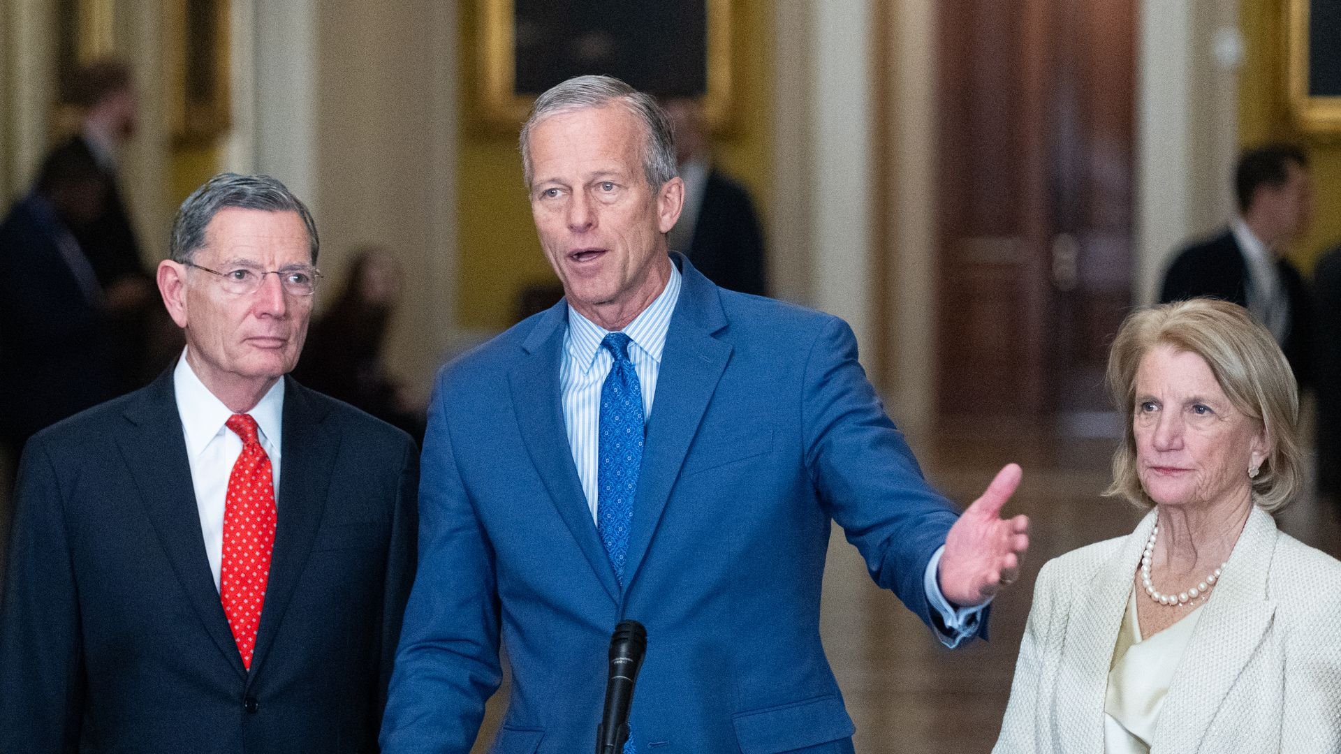 Senate Majority Leader John Thune, R-S. Dak., flanked by Sen. John Barrasso, R-Wyo., and Sen. Shelley Moore Capito, R-W.Va., holds the Senate Republicans' weekly news conference in the U.S. Capitol
