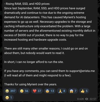 Myrient is shutting down next month, citing rising infrastructure costs.