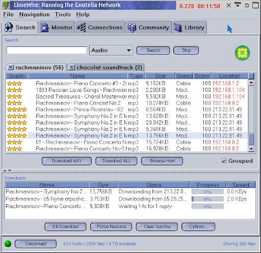 LimeWire search results with active downloads in progress