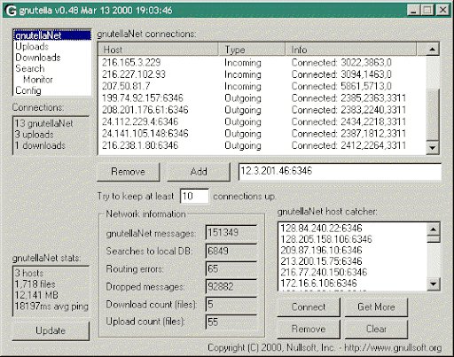 Original Gnutella 0.48 connection manager showing hosts, uploads, downloads, and cached peer addresses