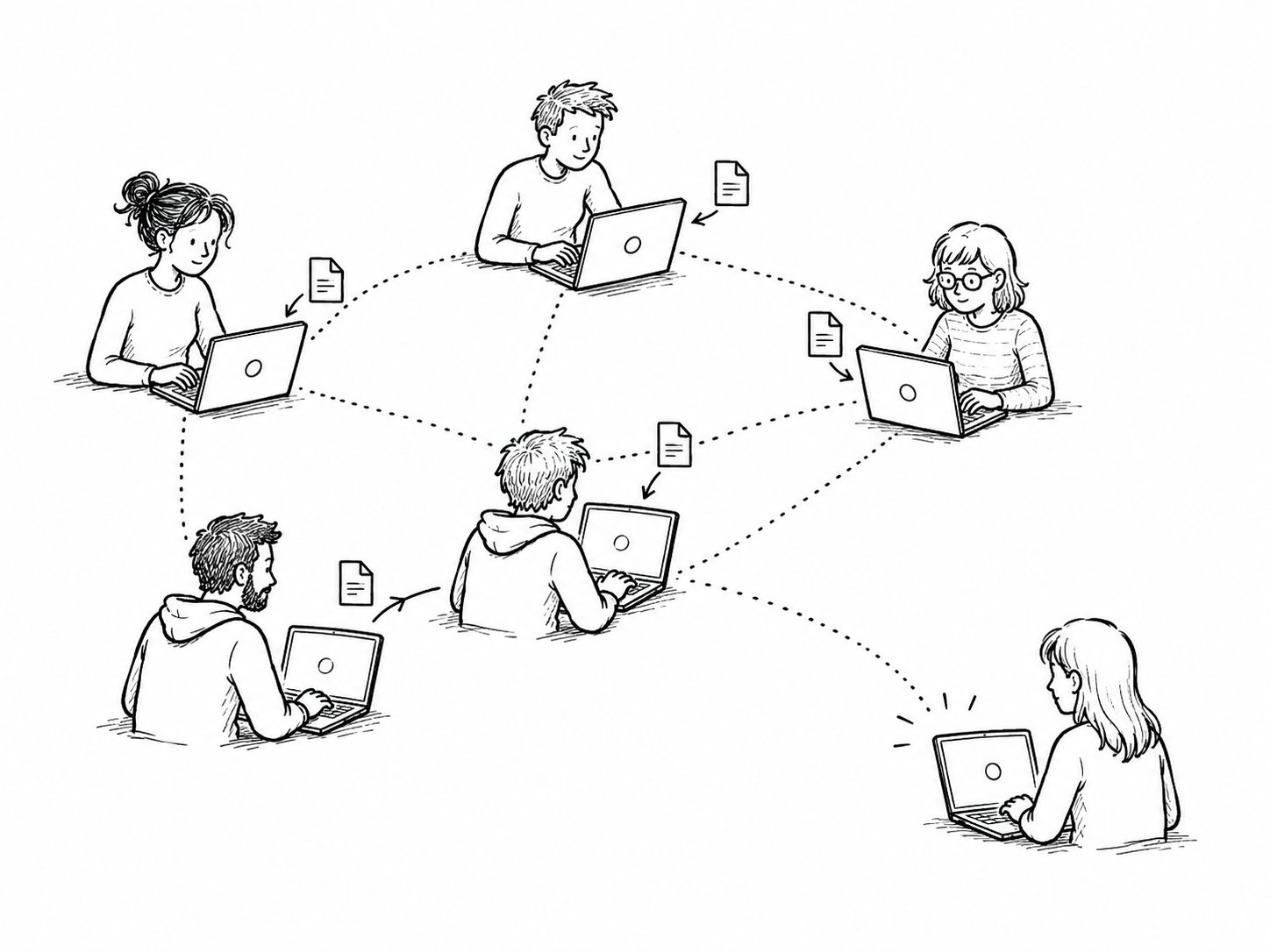 Hand-drawn mesh of laptop users exchanging files directly across peer-to-peer links