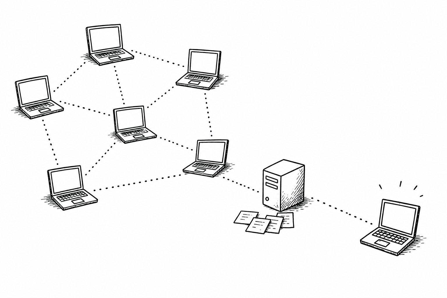 Hand-drawn Gnutella bootstrap diagram where a new peer reaches the network through a web cache and known peers