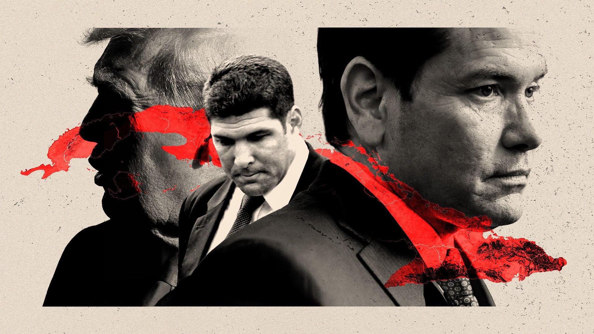 Photo illustration of President Trump, Raul Guillermo Rodriguez Castro, and Marco Rubio, with a topographical map of Cuba