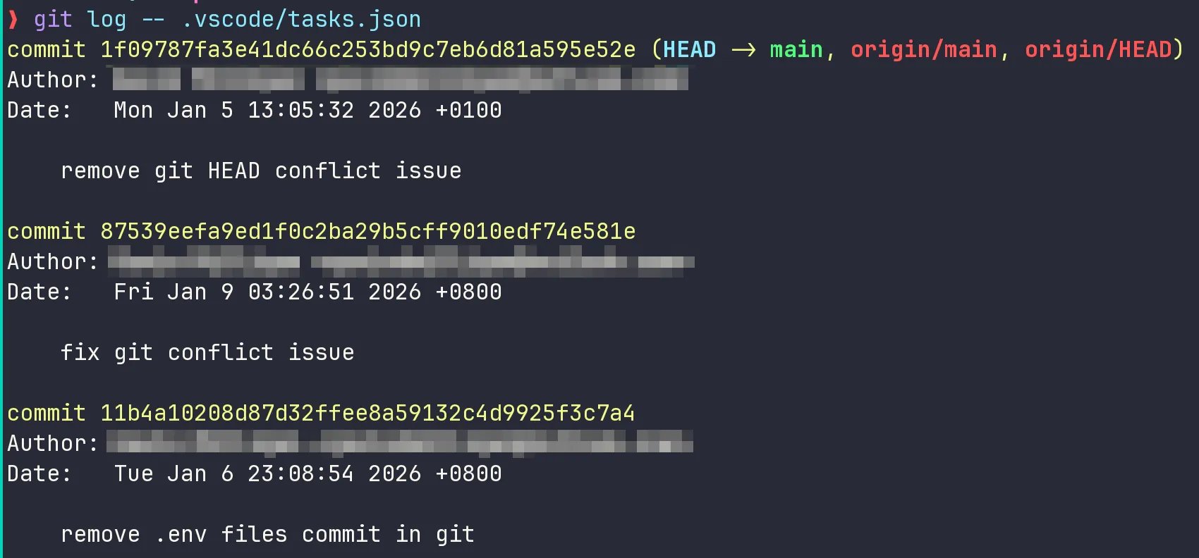 The output of 'git log -- .vscode/tasks.json'.
We can see 3 commits with somewhat odd messages.