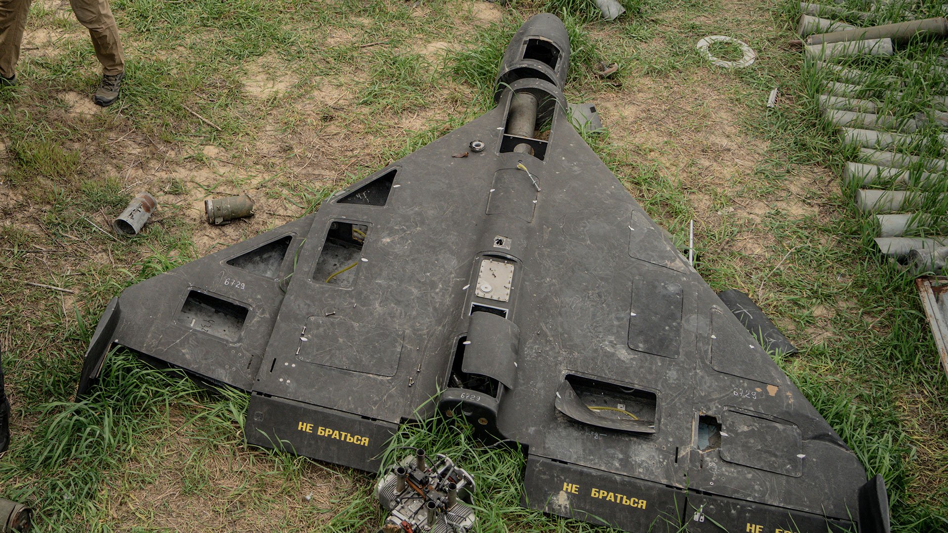 A Russian Shahed drone shot down by Ukraine's air defense forces in Kharkiv, on April 30, 2025