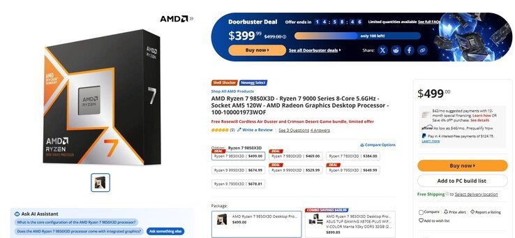 Ryzen 7 9850X3D listed on Newegg. 