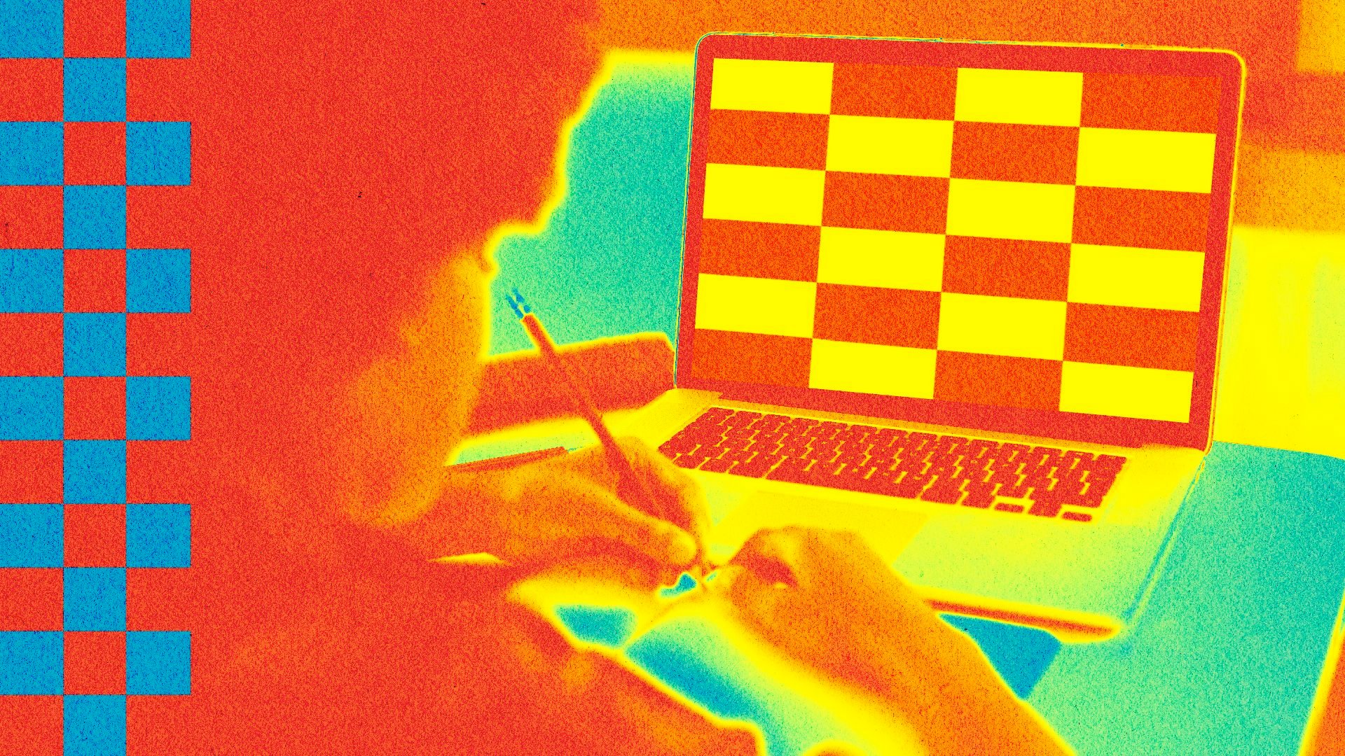 Illustration of a student doing homework while looking at a computer, with checkered shapes.