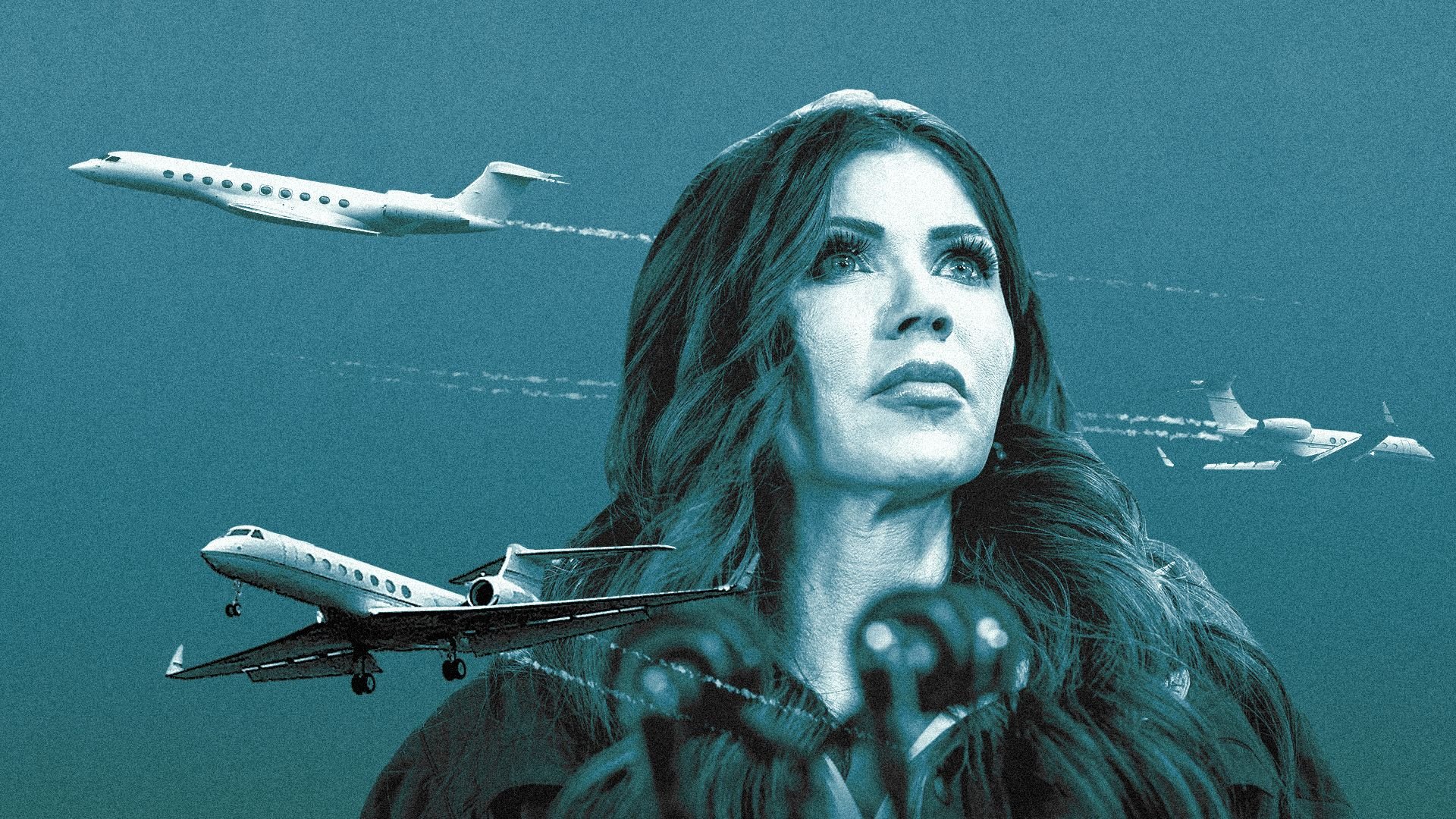 Photo illustration of a collage featuring Kristin Noem and three luxury jets flying around her.