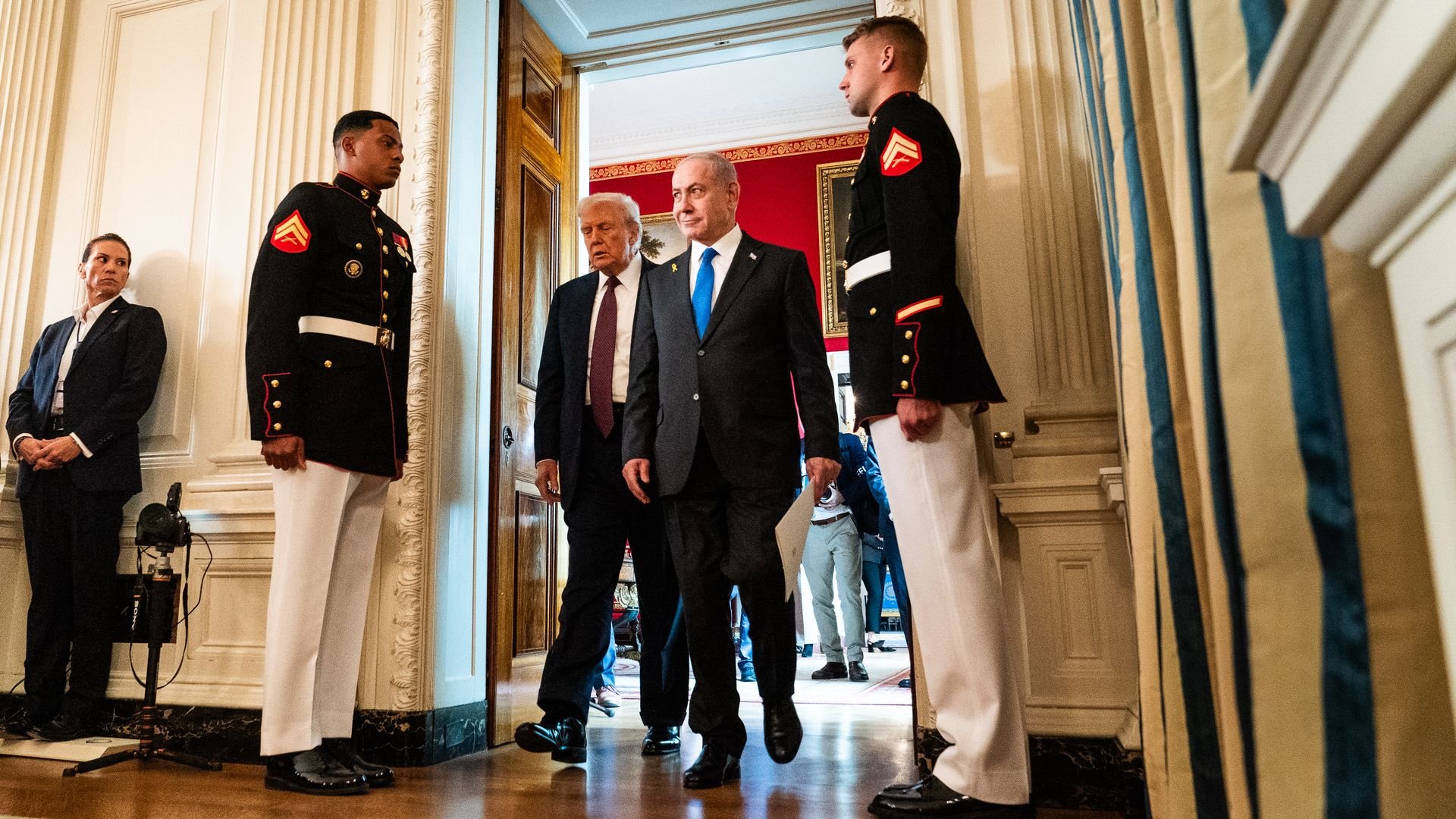 President Trump and Israeli Prime Minister Benjamin Netanyahu walk through the White House on Sept. 29, 2025. Photo: 