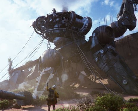 Character exploring crashed machinery in Arc Raiders' post-apocalyptic world