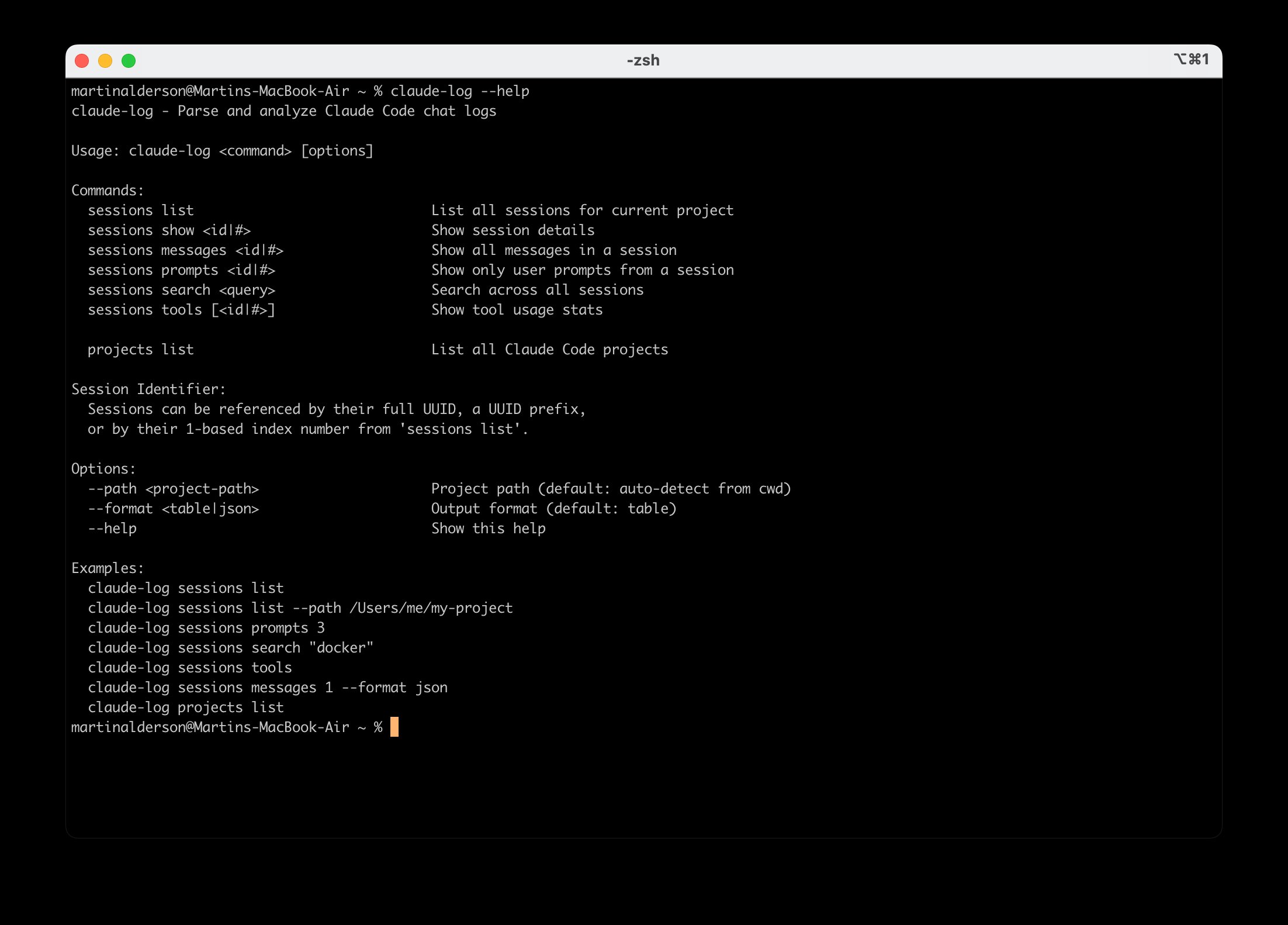 claude-log CLI help output showing commands for parsing and analysing Claude Code chat logs