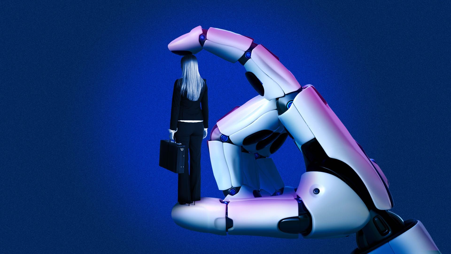 Illustration of a giant robot hand holding a tiny woman with a briefcase