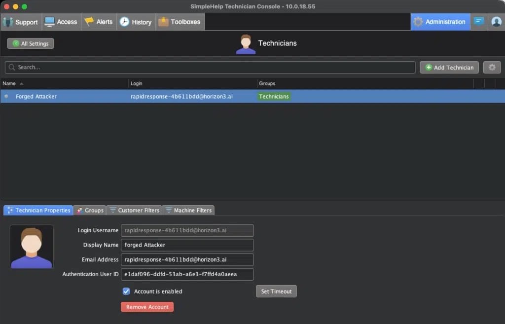 Rogue Technician account on SimpleHelp