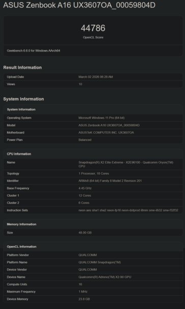 Snapdragon X2 Elite X2E-96-100 Geekbench GPU performance