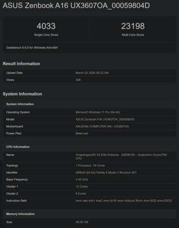 Snapdragon X2 Elite X2E-96-100 Geekbench CPU performance