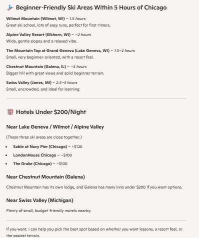 A screenshot of Microsoft Copilot suggestions for skiiing near Chicago.