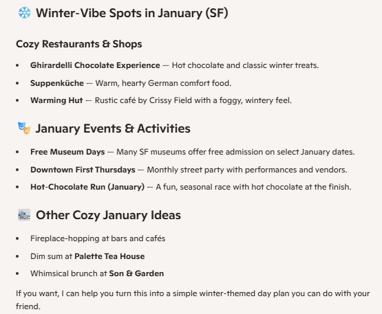 A screenshot of Microsoft Copilot suggestions for winter activities in San Francisco.