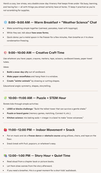 A screenshot of a Microsoft Copilot suggestion for winter activities at home with kids.