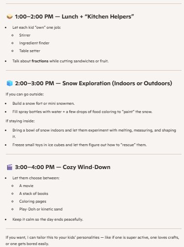 A screenshot of a Microsoft Copilot suggestion for winter activities at home with kids.