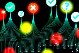 Lines forming cones are connected to check marks, question marks, and 