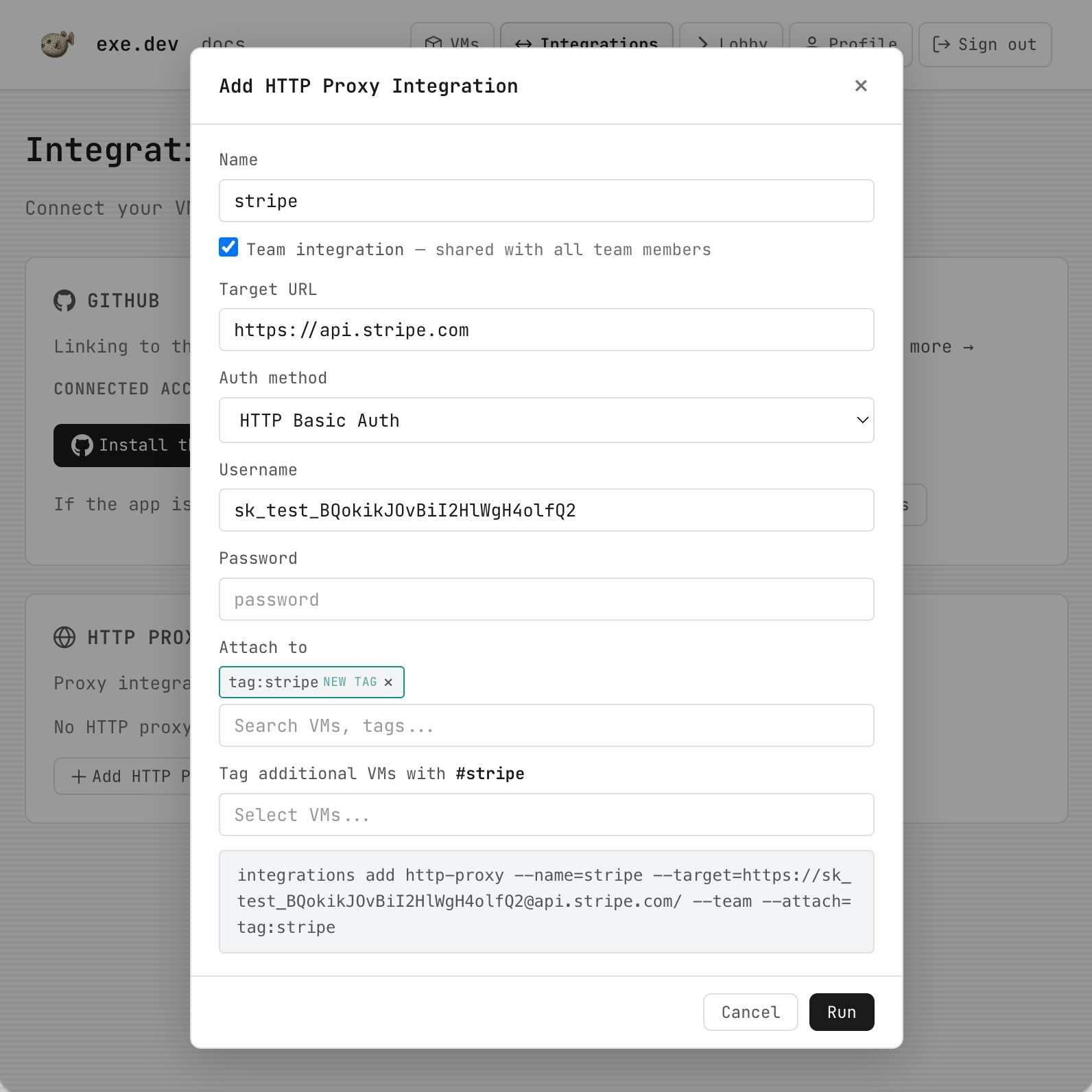 A screenshot of setting up an HTTP integration in exe.dev
