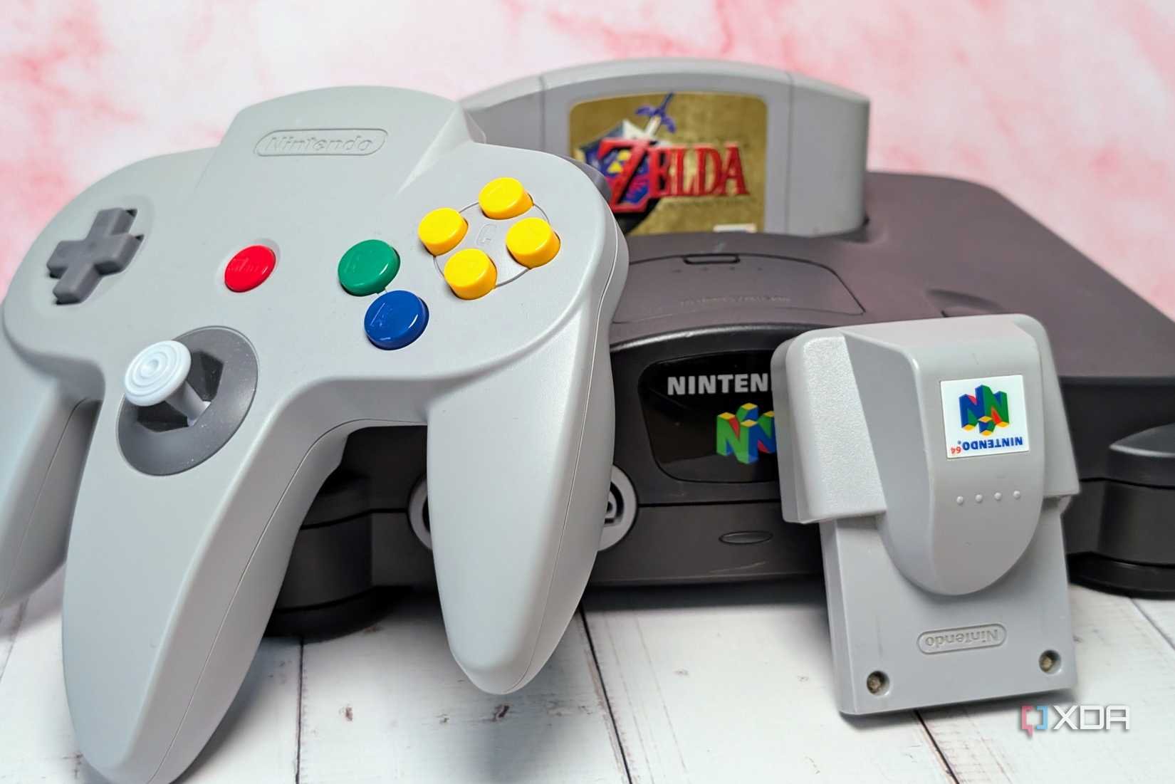Nintendo 64 with Ocarina of Time game, controller, and Rumble Pak