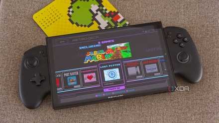 A gaming handheld running RetroDeck and ES-DE