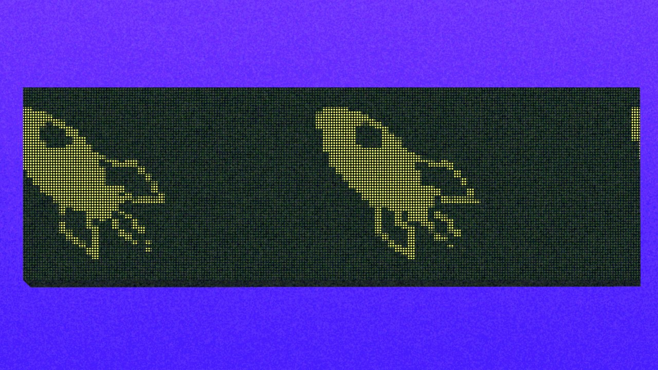 Animated illustration of a stock ticker screen with pixelated rocket emojis moving across it from right to left.