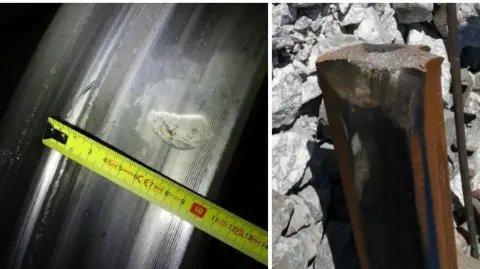 Spain's CIAF Two images show a groove on a train wheel on the left and on the right the possible point of collision where the track was broken