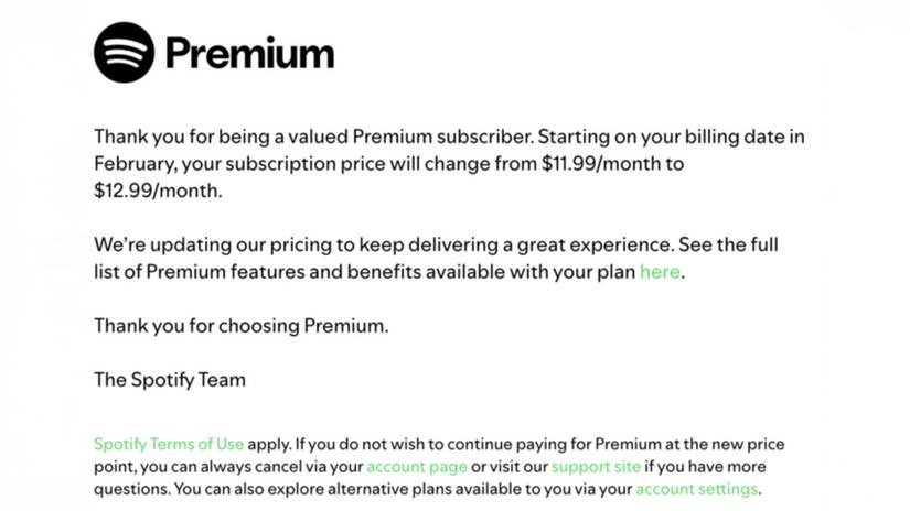Spotify Premium Price Increase announcement screenshot