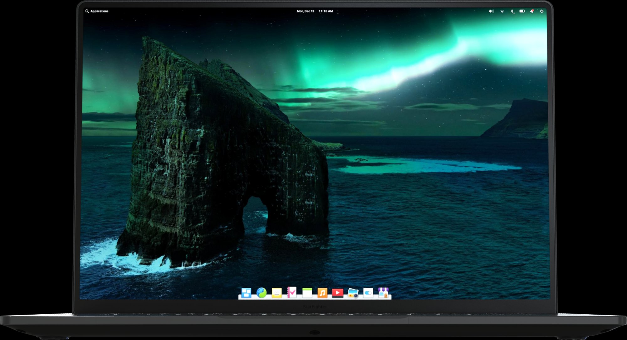 StarFighter Mk I Linux laptop computer open showing wide viewing angle of 4k 10-bit IPS screen