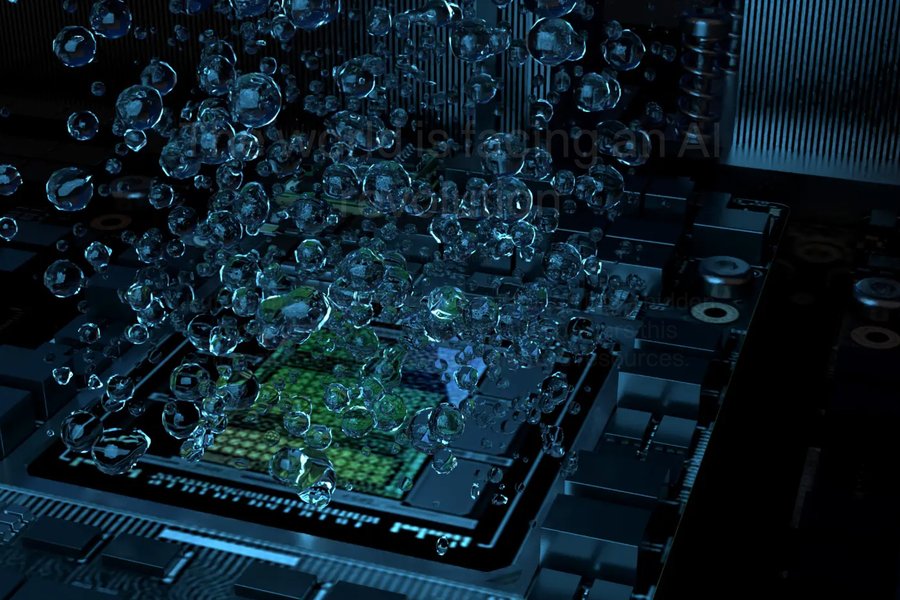 A computer chip with bubbles rising from it