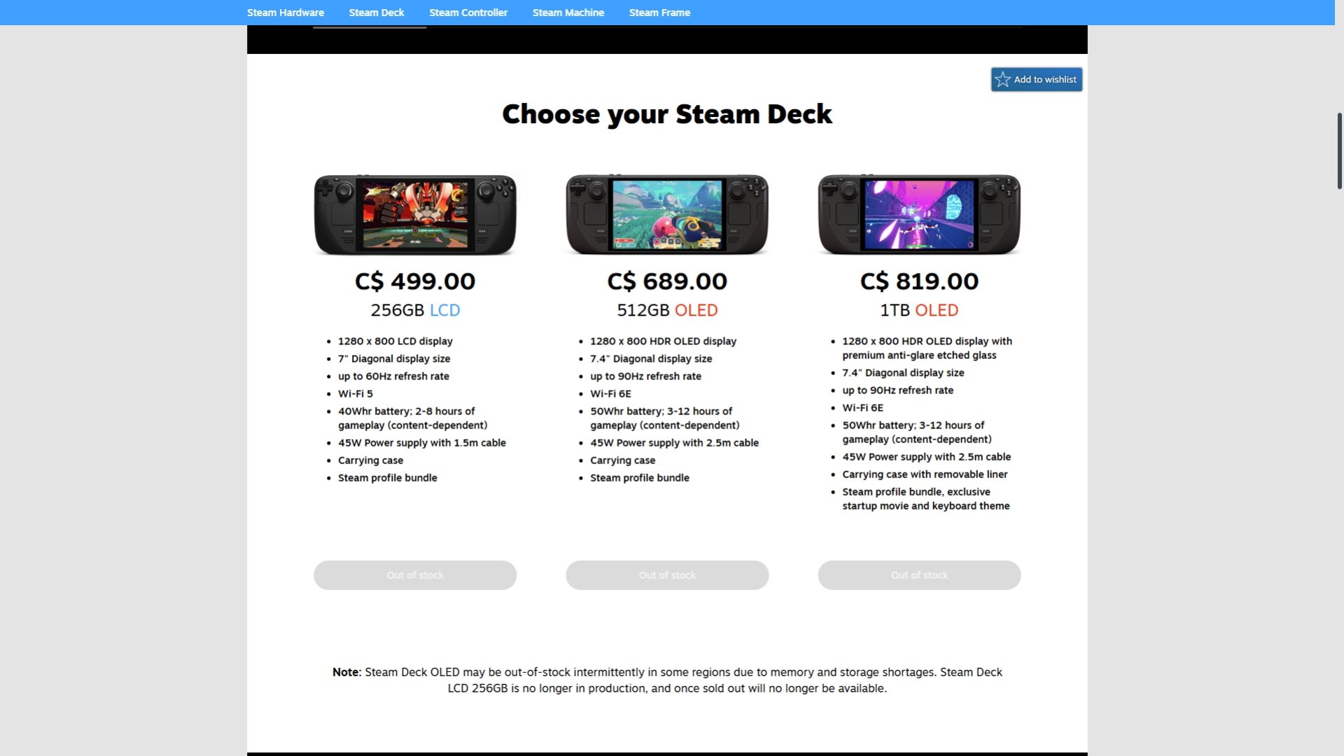 Steam Deck store page in Canada