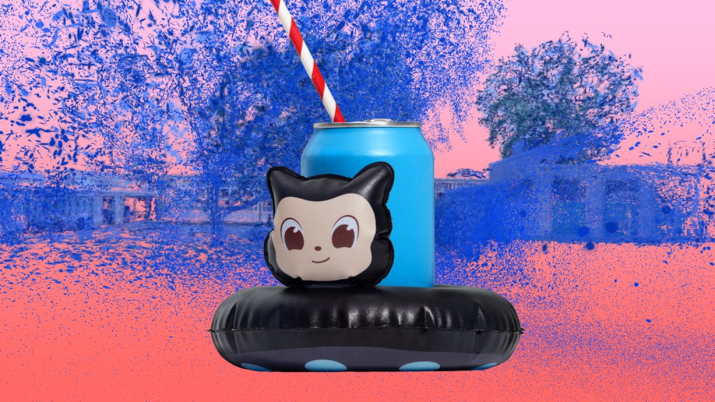 There is a drinks float in the shape of Mona the Octocat. Inside the float is a can with a straw in it. The background is pink with blue trees and buildings.