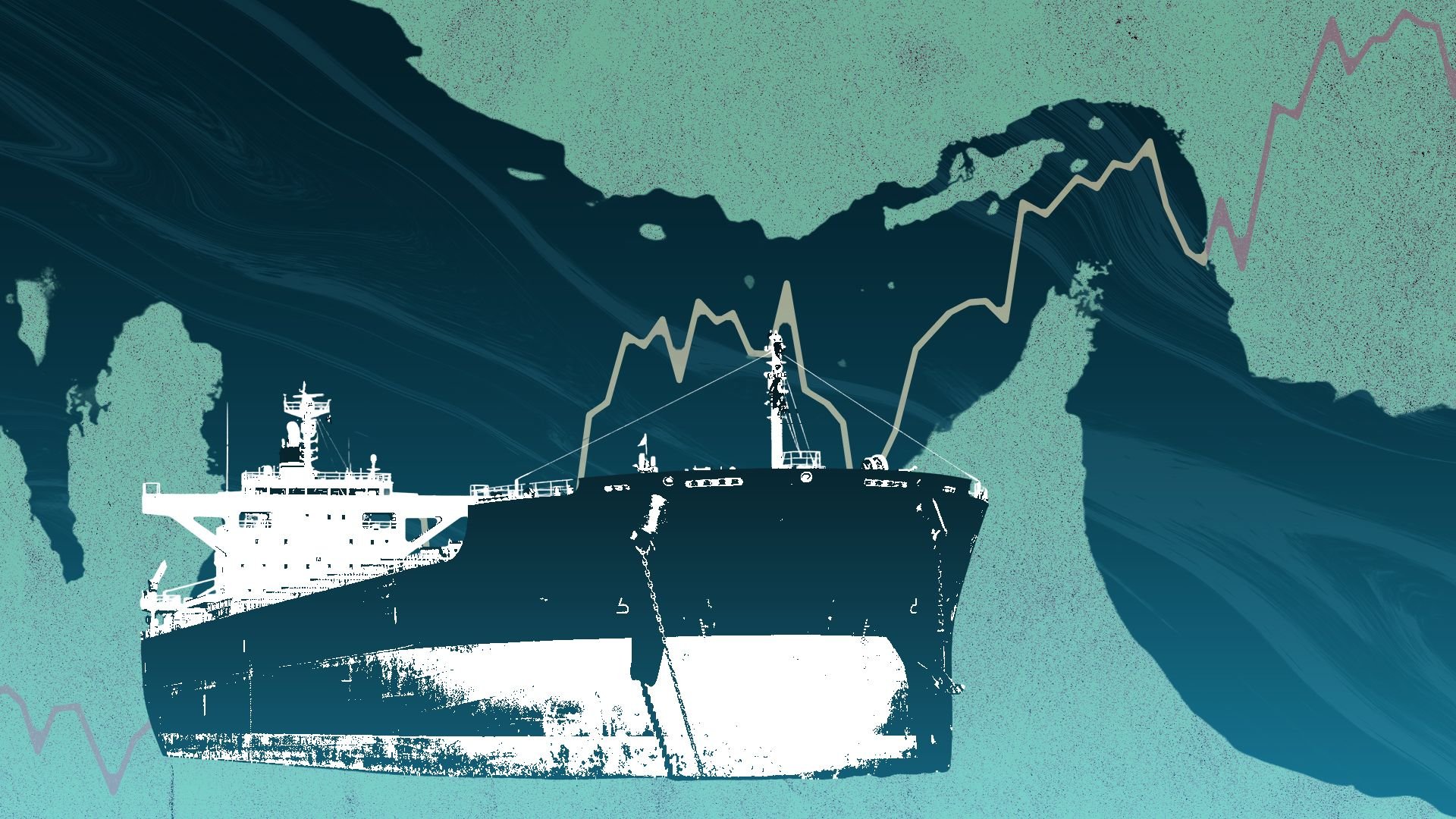 Illustration of an oil tanker and a trend line from a line chart in front of an abstracted Strait of Hormuz, which has dark, swirling oil in it.