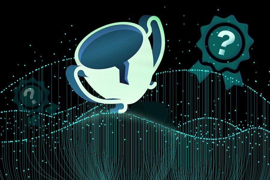 A cracked trophy submerged in data.