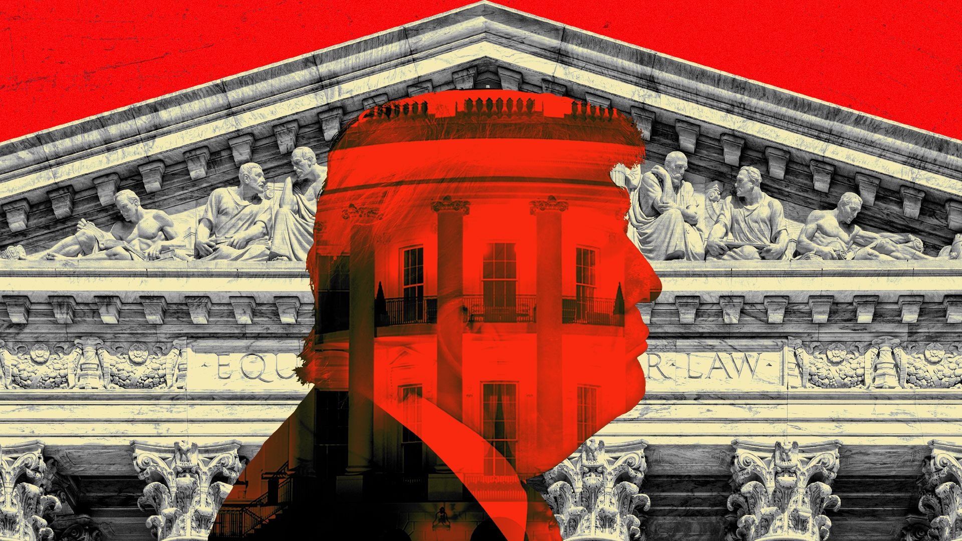 Photo illustration of President Trump with a White House overlay over his face against the Supreme Court courthouse