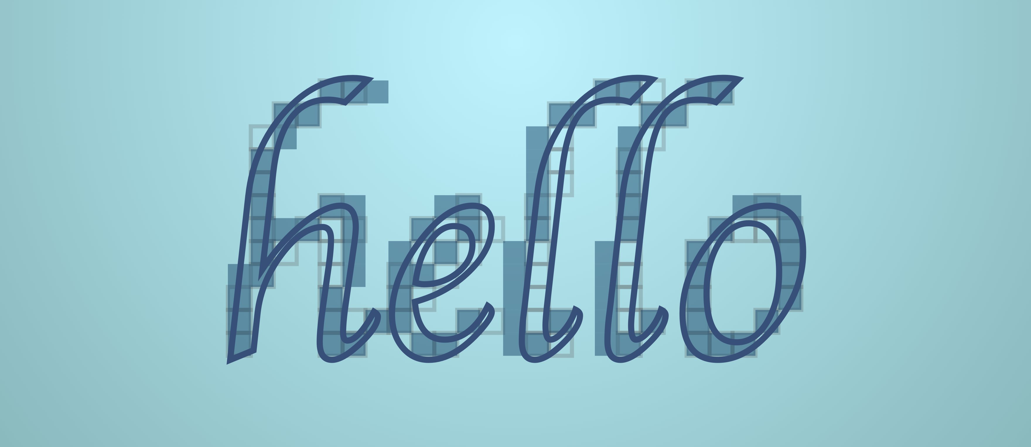 The text 'hello' drawn three ways, a vector outline laid over unhinted and hinted rasterizations. In some places, the hinted pixels fall entirely outside of the outline's bounds, resulting in output that is more faithful to the font's design at the chosen point size.