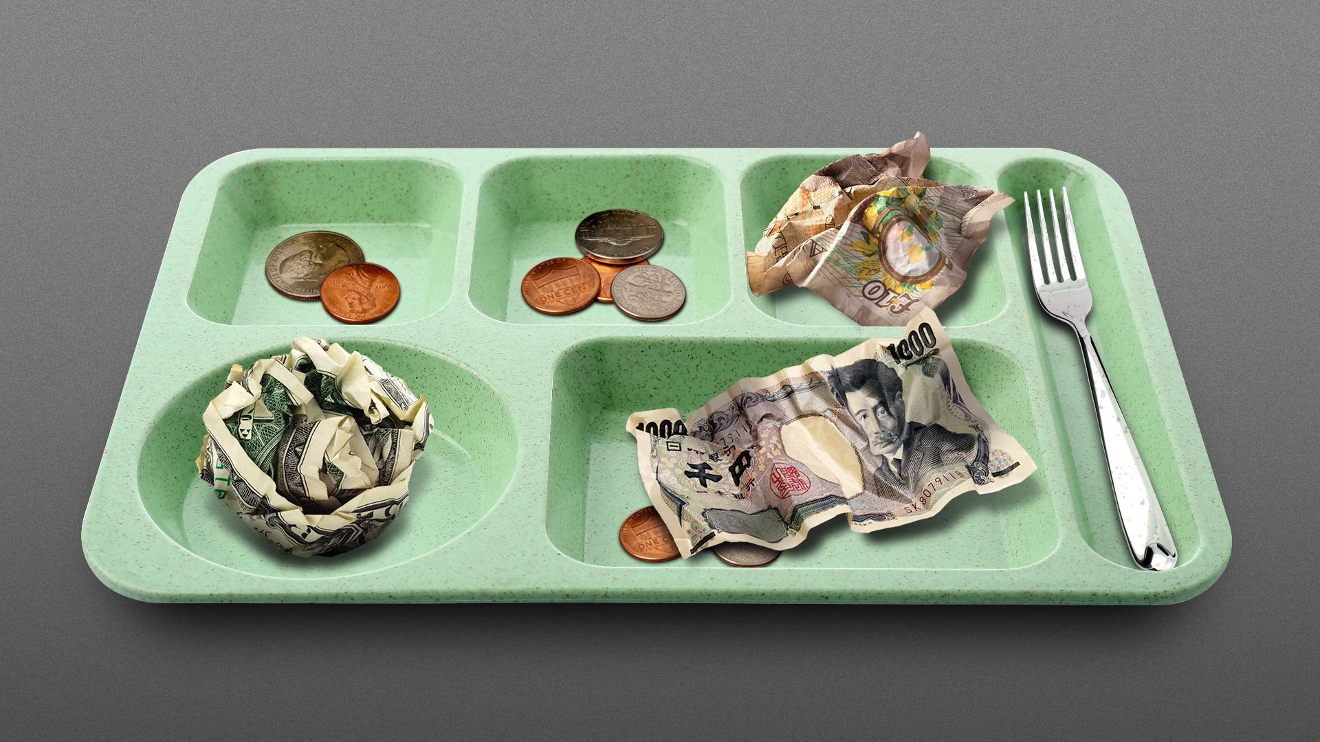 Illustration of American, British, and Japanese currency crumpled up on a lunch tray
